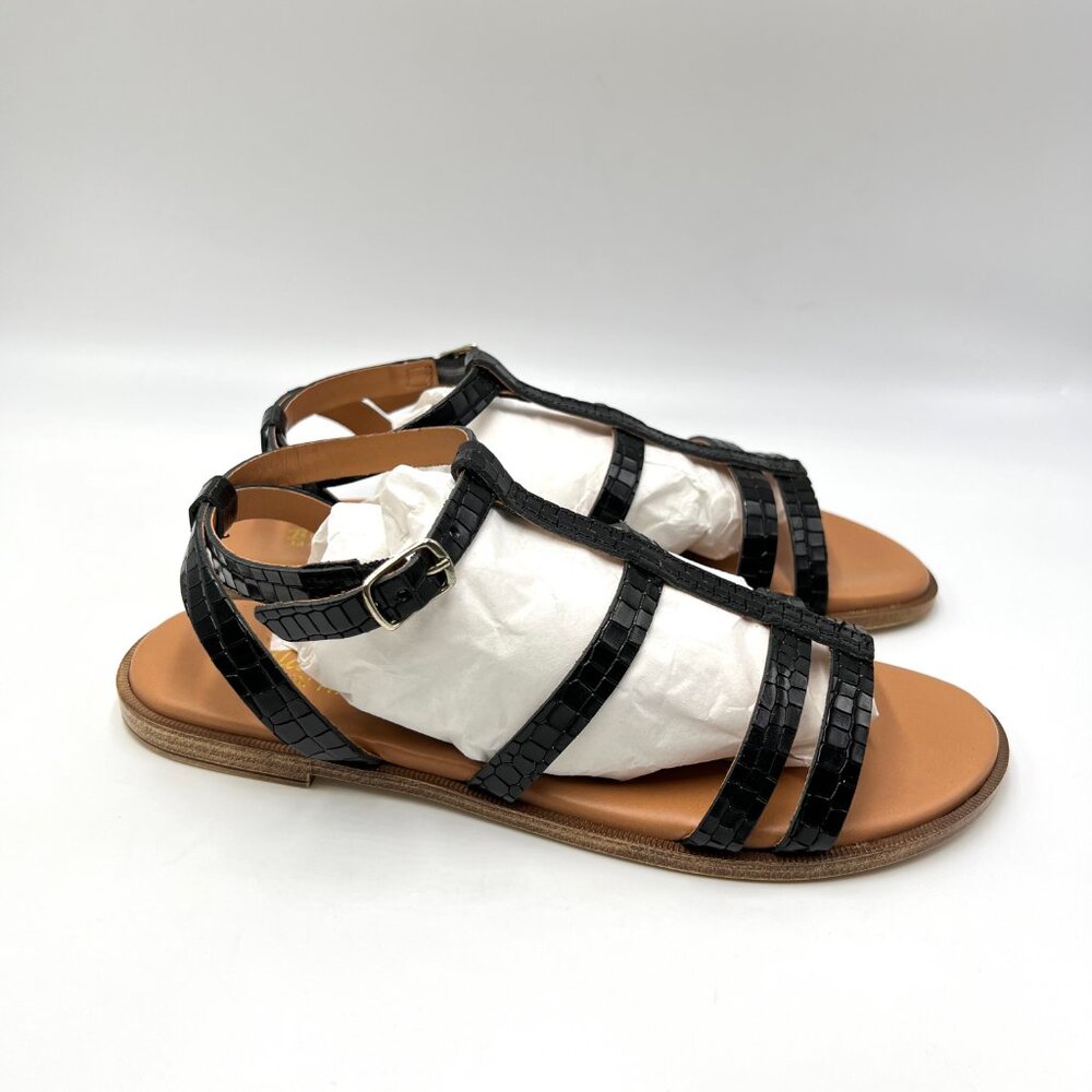 8W 8 WIDE WIDTH Bella Vita Womens Black‎ Croc Gator Leather Flat Sandals Shoes